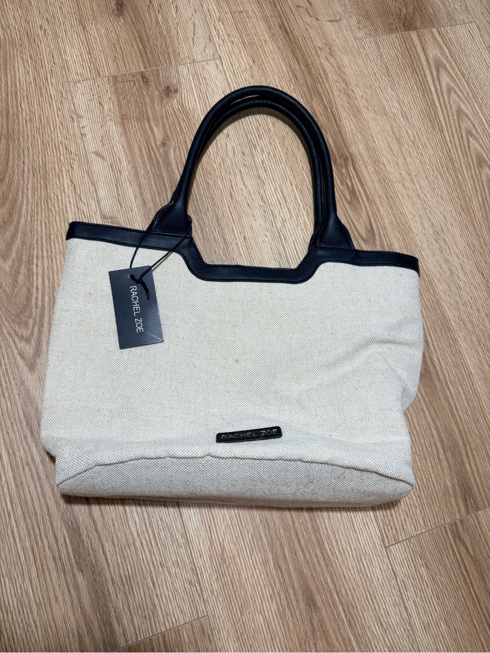 Rachel Zoe Large Tote Bag Natural Linen Canvas Black Trim Shoulder Purse NWT